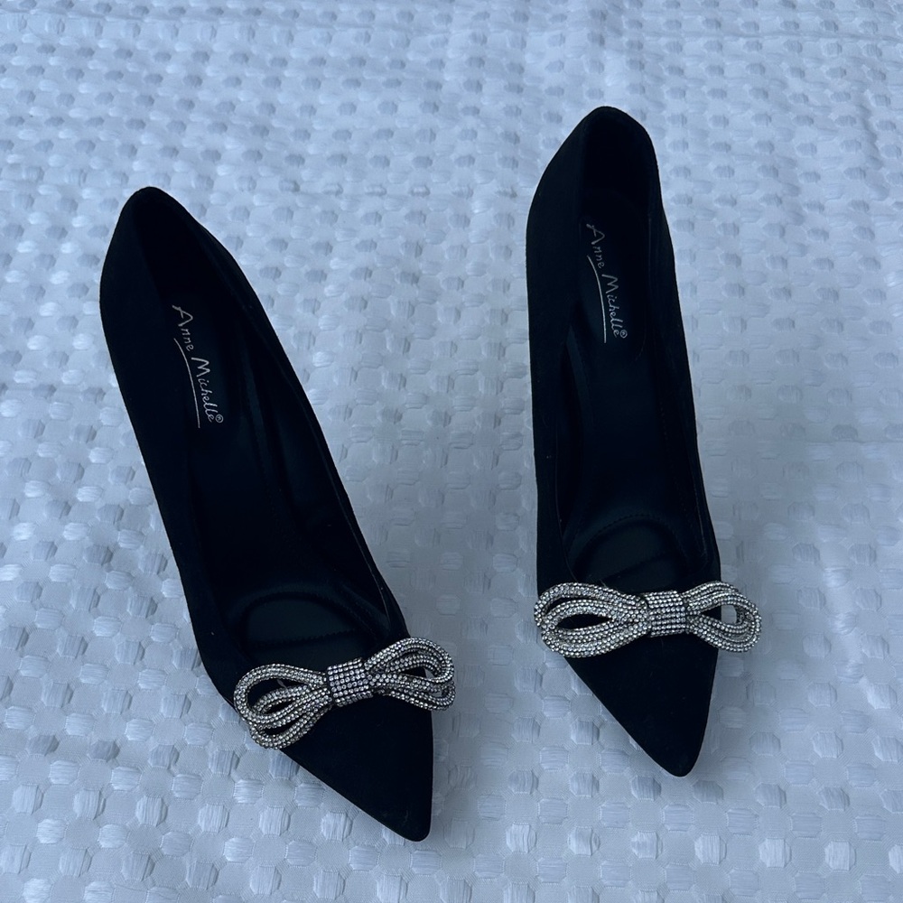 Anne Michelle Black Pointed Toe Pumps with Rhinestone Bow Accent